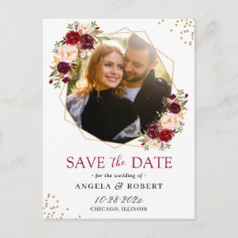 Burgundy Blush Floral Gold Geometric Save the Date Postkarte