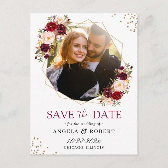Burgundy Blush Floral Gold Geometric Save the Date Postkarte (Vorderseite)