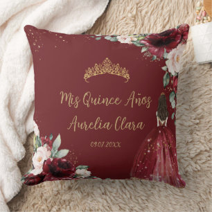 Burgundy Blush Floral Gold Quinceñera Keepake Kissen