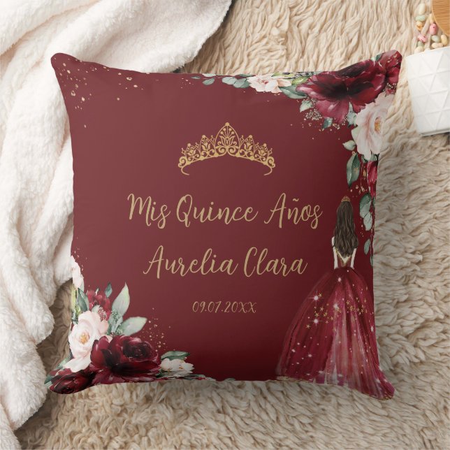 Burgundy Blush Floral Gold Quinceñera Keepake Kissen (Decke)