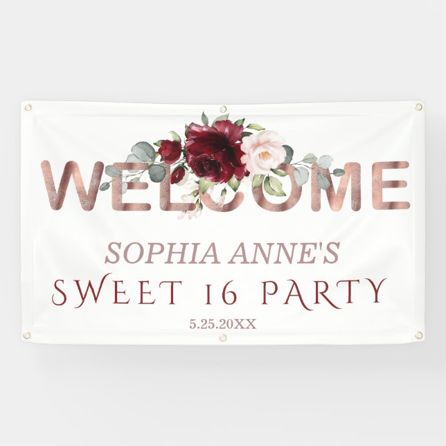 Burgundy Blush Floral Gold Sweet !6 Begrüßungsunte Banner (Horizontal)