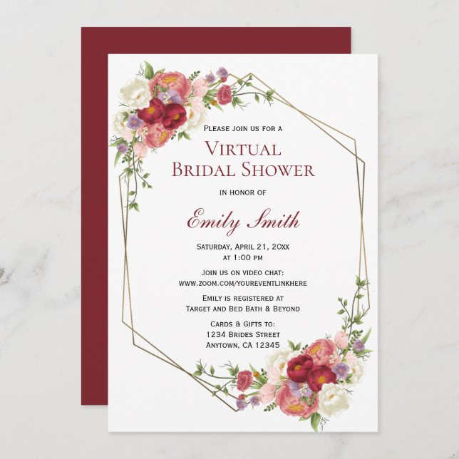 Burgundy Blush Floral Gold | Virtuelles Brautparty Einladung (Vorne/Hinten)