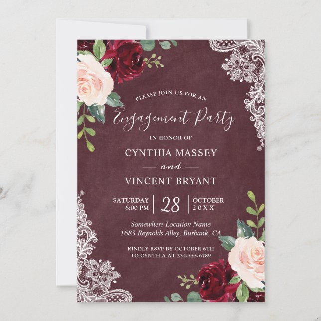 Burgundy Blush Floral Lace Engagement Party Einladung (Vorderseite)