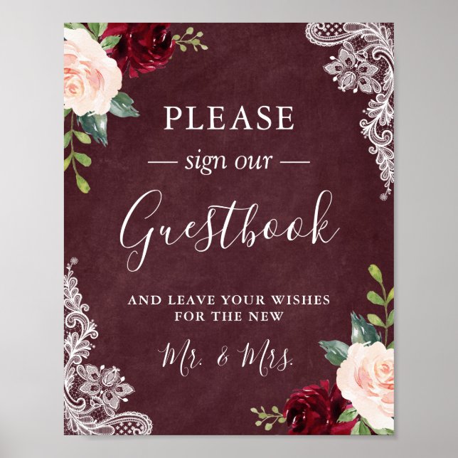 Burgundy Blush Floral Lace Wedding Gästebuchunters Poster (Vorne)