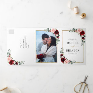 Burgundy Blush Floral Modern Geometric Wedding Tri Dreifach Gefaltete Ankündigung