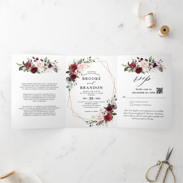 Burgundy Blush Floral Modern Geometric Wedding Tri Dreifach-gefaltete Programmkarte (Innenseite)