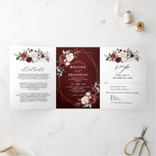 Burgundy Blush Floral Modern Geometric Wedding Tri Dreifach-gefaltete Programmkarte