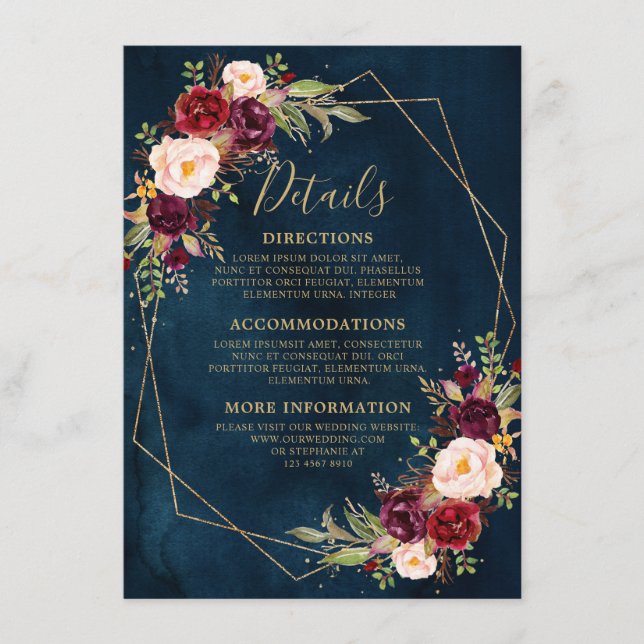 Burgundy Blush Floral Moderne geometrische Details Begleitkarte (Vorderseite)