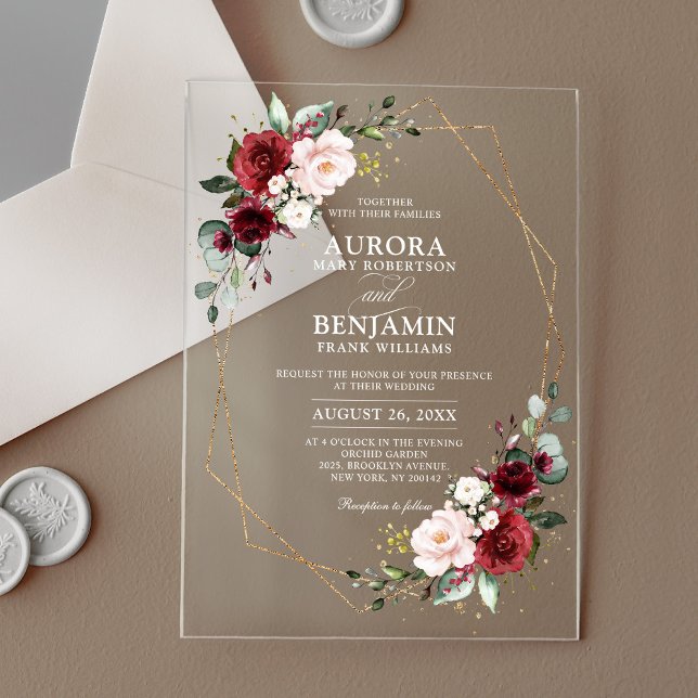 Burgundy Blush Floral Moderne geometrische Hochzei Acryleinladungen (Burgundy Blush Gold Geometric Rustic Boho Acrylic Wedding Invite)