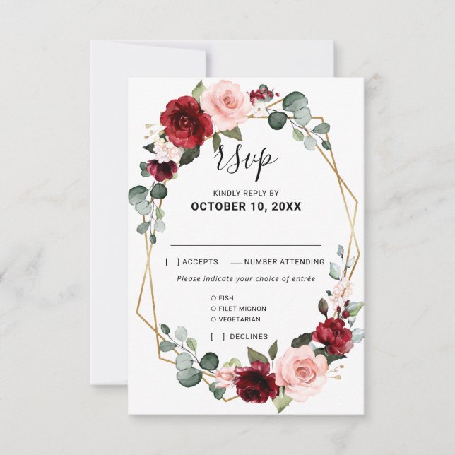 Burgundy Blush Floral Moderne geometrische Hochzei RSVP Karte (Vorderseite)