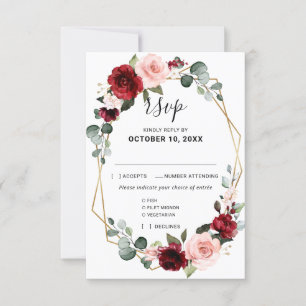 Burgundy Blush Floral Moderne geometrische Hochzei RSVP Karte