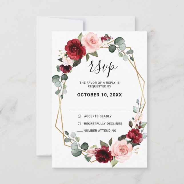 Burgundy Blush Floral Moderne geometrische Hochzei RSVP Karte (Vorderseite)