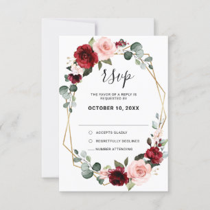Burgundy Blush Floral Moderne geometrische Hochzei RSVP Karte