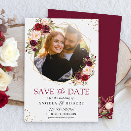 Burgundy Blush Floral Modernes Foto mit geometrisc Save The Date