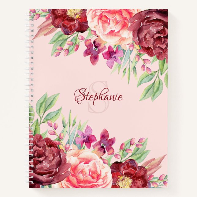 Burgundy Blush Floral Monogramm Personalisierter N Notizbuch (Vorderseite)