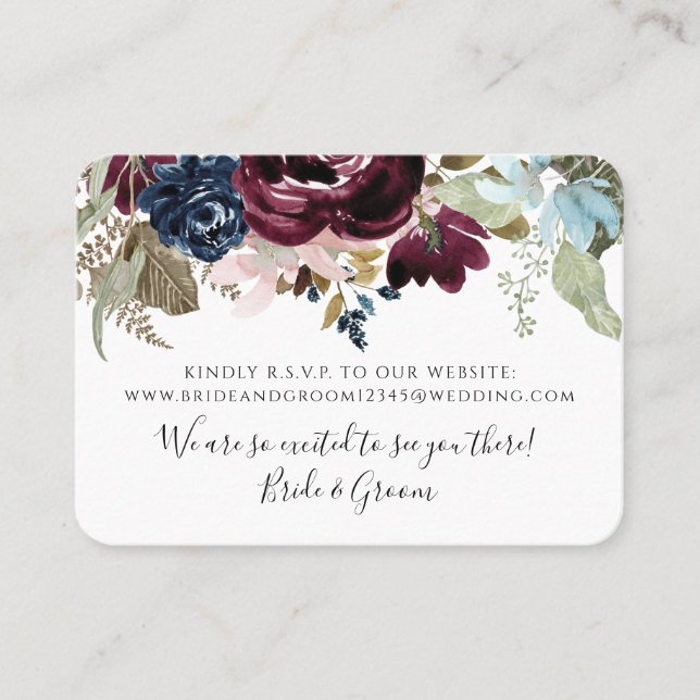 Burgundy Blush Floral Navy Elegante Foliage Hochze Visitenkarte (Vorderseite)