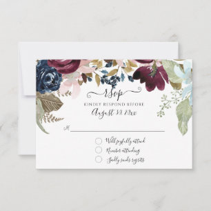 Burgundy Blush Floral Navy Elegante Hochzeitsfolie RSVP Karte