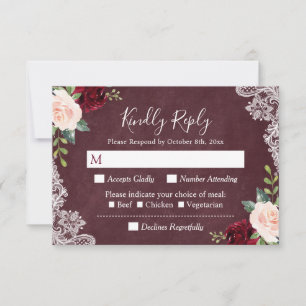 Burgundy Blush Floral Paisley Lace Wedding RSVP