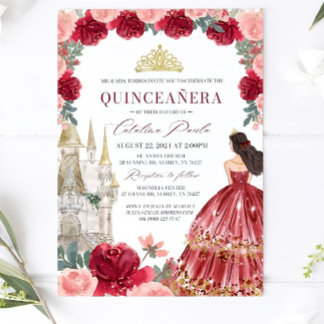 Burgundy Blush Floral Quinceanera Einladung Rot