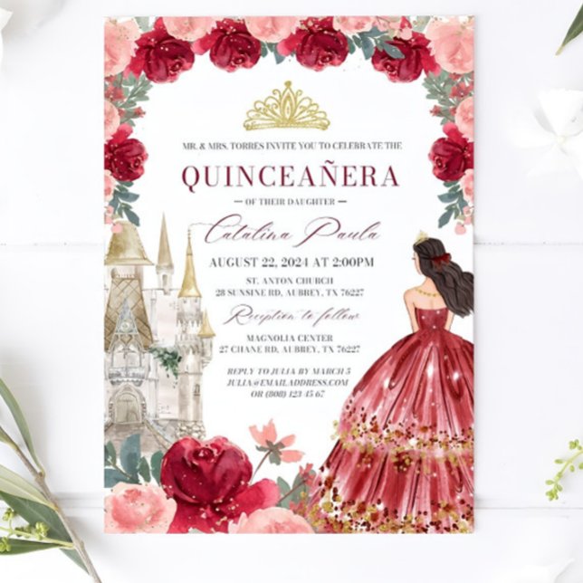 Burgundy Blush Floral Quinceanera Einladung Rot (Von Creator hochgeladen)