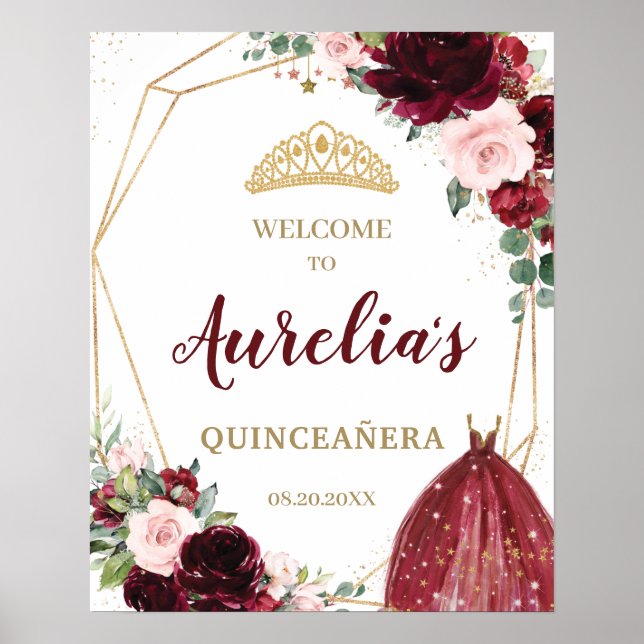 Burgundy Blush Floral Quinceañera Tiara Willkommen Poster (Vorne)