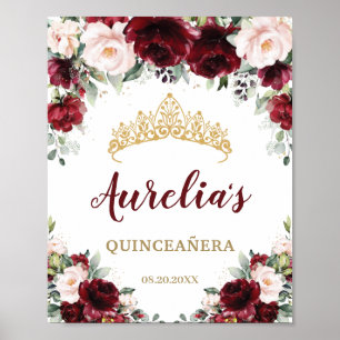 Burgundy Blush Floral Quinceañera Tiara Willkommen Poster