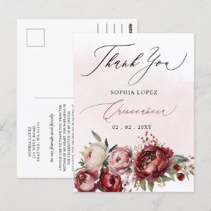 Burgundy Blush Floral Quinceañera Vielen Dank Postkarte