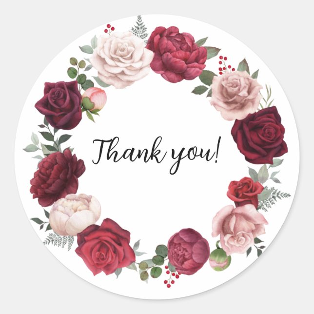 Burgundy Blush Floral Round Danke Stickers (Vorderseite)