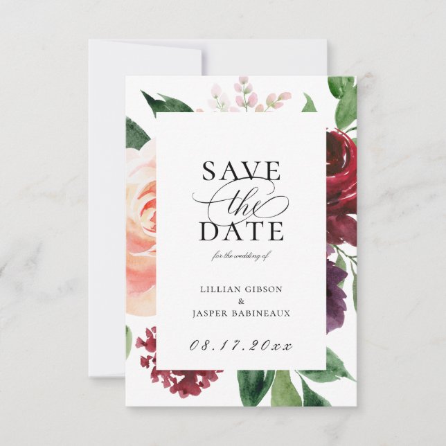 Burgundy Blush Floral Save the Date Ankündigung (Vorderseite)
