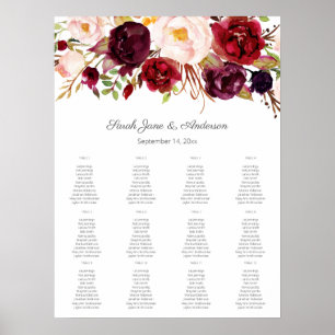 Burgundy Blush Floral Seating Chart 12 White Poster
