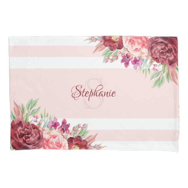 Burgundy Blush Floral Stripes Monogramm Name Kissenbezug (Vorderseite)