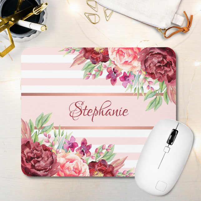 Burgundy Blush Floral Stripes Monogramm Name Mousepad (Von Creator hochgeladen)