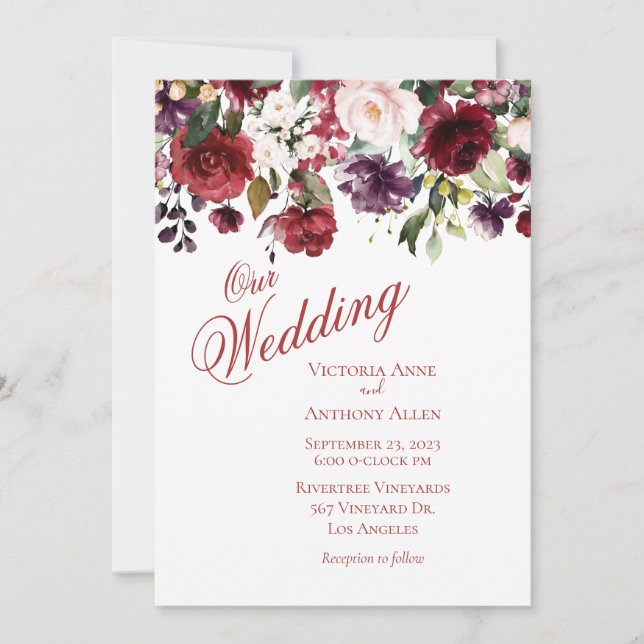 Burgundy Blush Floral Watercolor Script Wedding Einladung (Vorderseite)