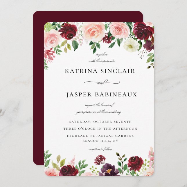 Burgundy Blush Floral Wedding Einladung (Vorne/Hinten)