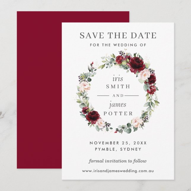 Burgundy Blush Floral Wedding Save the Date Card Einladung (Vorne/Hinten)