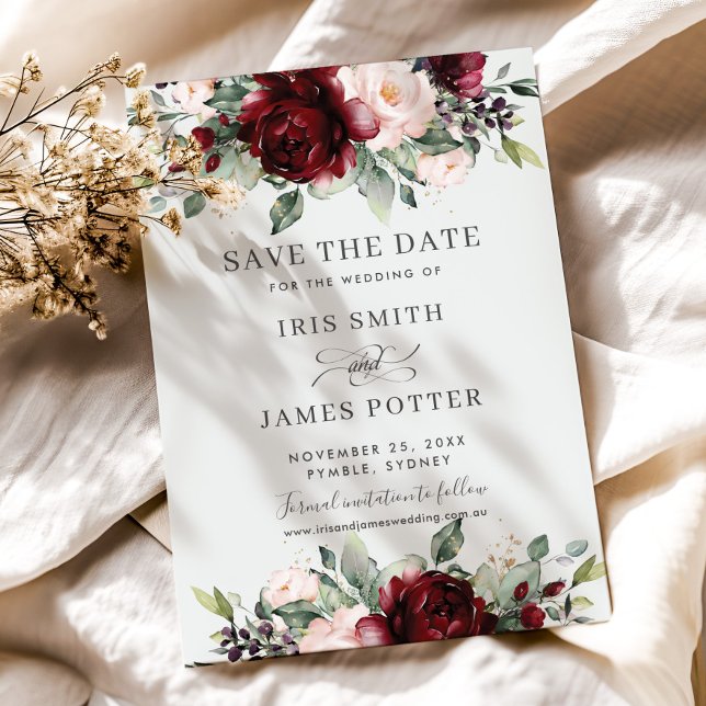 Burgundy Blush Floral Wedding Save the Date Card Einladung (rustic-elegant-burgundy-blush-pink-floral-flowers-wedding-save-the-date-cards-printed-download)