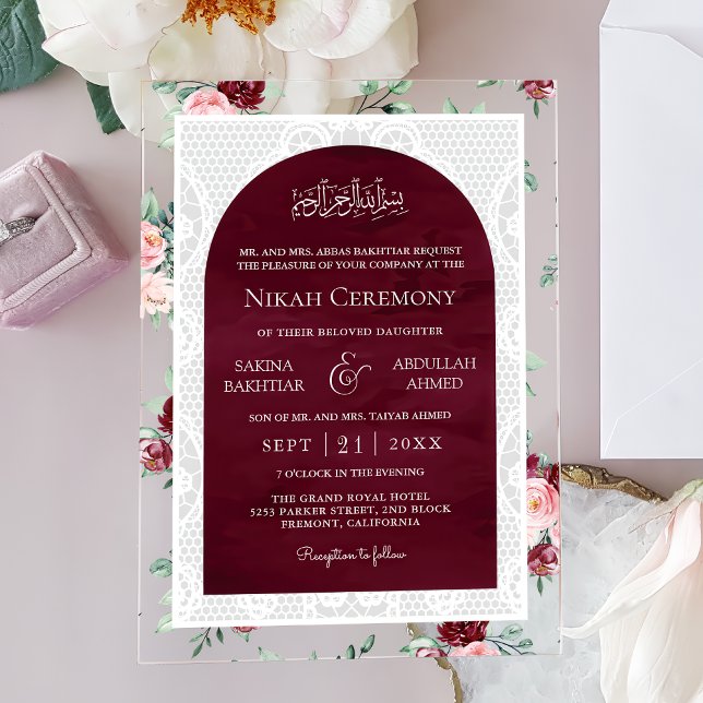 Burgundy Blush Floral White Lace Muslim Wedding Acryleinladungen (Von Creator hochgeladen)