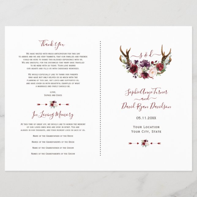 Burgundy Blush Florwers Antlers Wedding Program Flyer (Vorne)