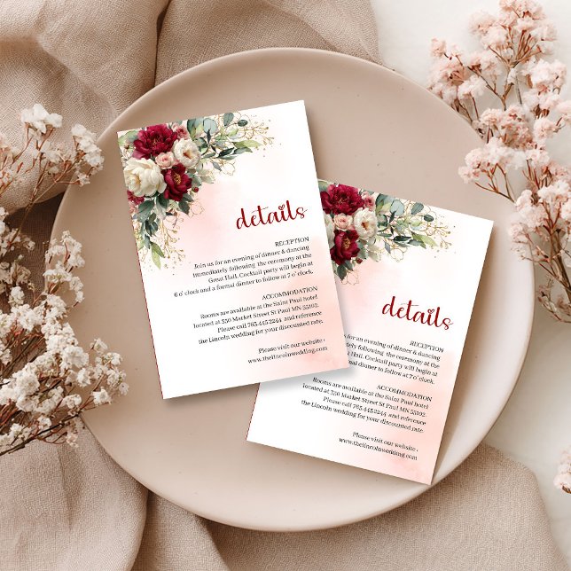 Burgundy blush flowers gold border wedding details begleitkarte (Burgundy blush flowers gold border wedding details

)