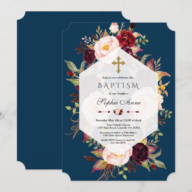 Burgundy Blush Geometric Navy Boyl Baptisc Einladung (Vorne/Hinten)