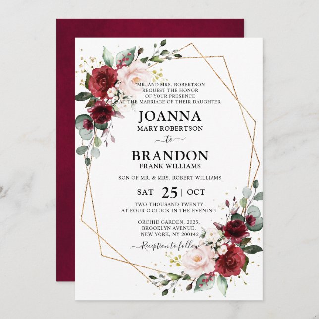 Burgundy Blush Geometric Wedding Einladung (Vorne/Hinten)