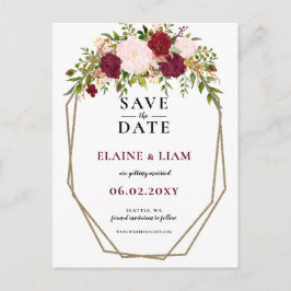 Burgundy Blush Gold Floral Monogram Save the Date Ankündigungspostkarte