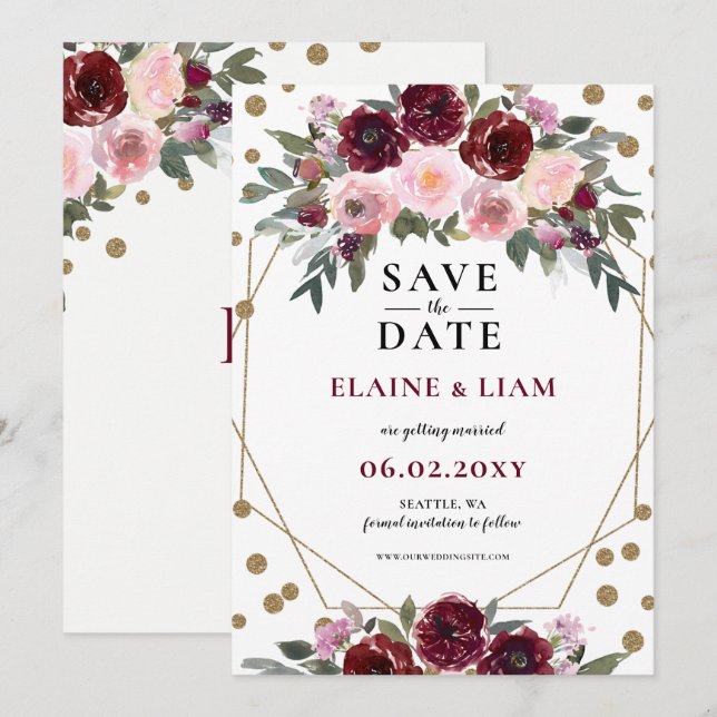 Burgundy Blush Gold Floral Monogram Wedding Rett T Save The Date (Vorne/Hinten)