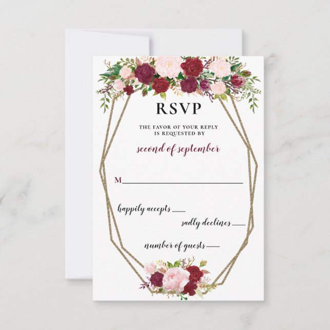 Burgundy Blush Gold Floral Monogram Wedding rsvp (Vorderseite)