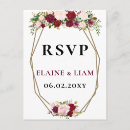Burgundy Blush Gold Floral Monogram Wedding rsvp Einladungspostkarte