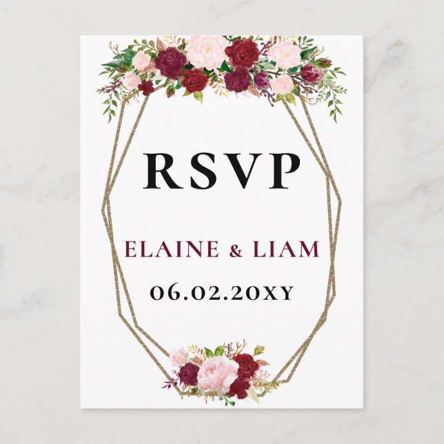Burgundy Blush Gold Floral Monogram Wedding rsvp Einladungspostkarte (Vorderseite)