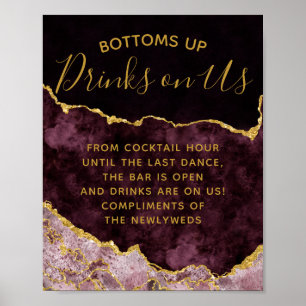 Burgundy Blush Gold Foil Agate Open Bar Table Sign Poster