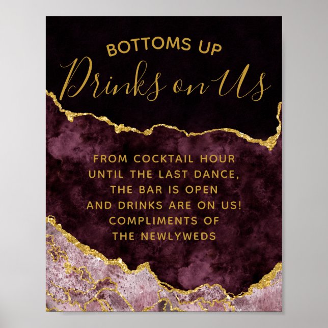 Burgundy Blush Gold Foil Agate Open Bar Table Sign Poster (Vorne)
