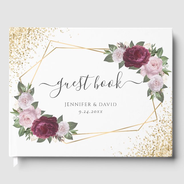 Burgundy Blush Gold Geometric Floral Wedding Gästebuch (Vorderseite)