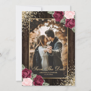 Burgundy Blush Gold Wood Floral Wedding Foto Save The Date